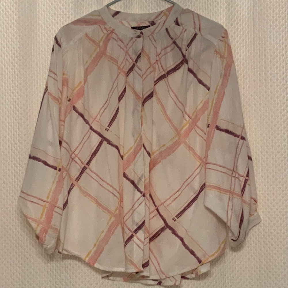 Kari Blue Vintage Sheer Gauze Balloon Sleeve Top | Pink & Cream | Size L